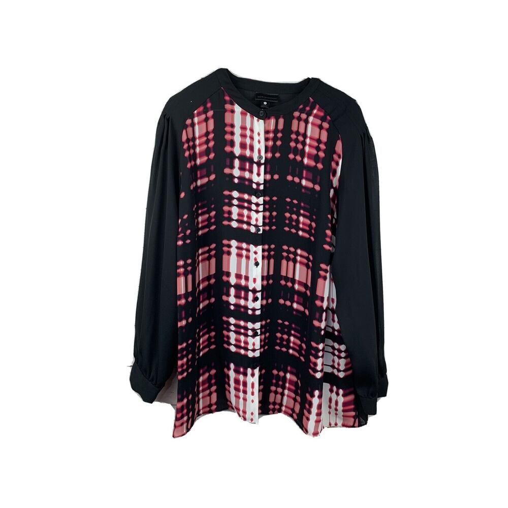 Worthington Top Womens size 1X Semi Sheer Black/Pink Solid back Button‎ front